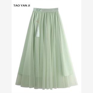 国风新中式提花网纱半身裙女2024夏季新款高腰显瘦a字大摆中长裙