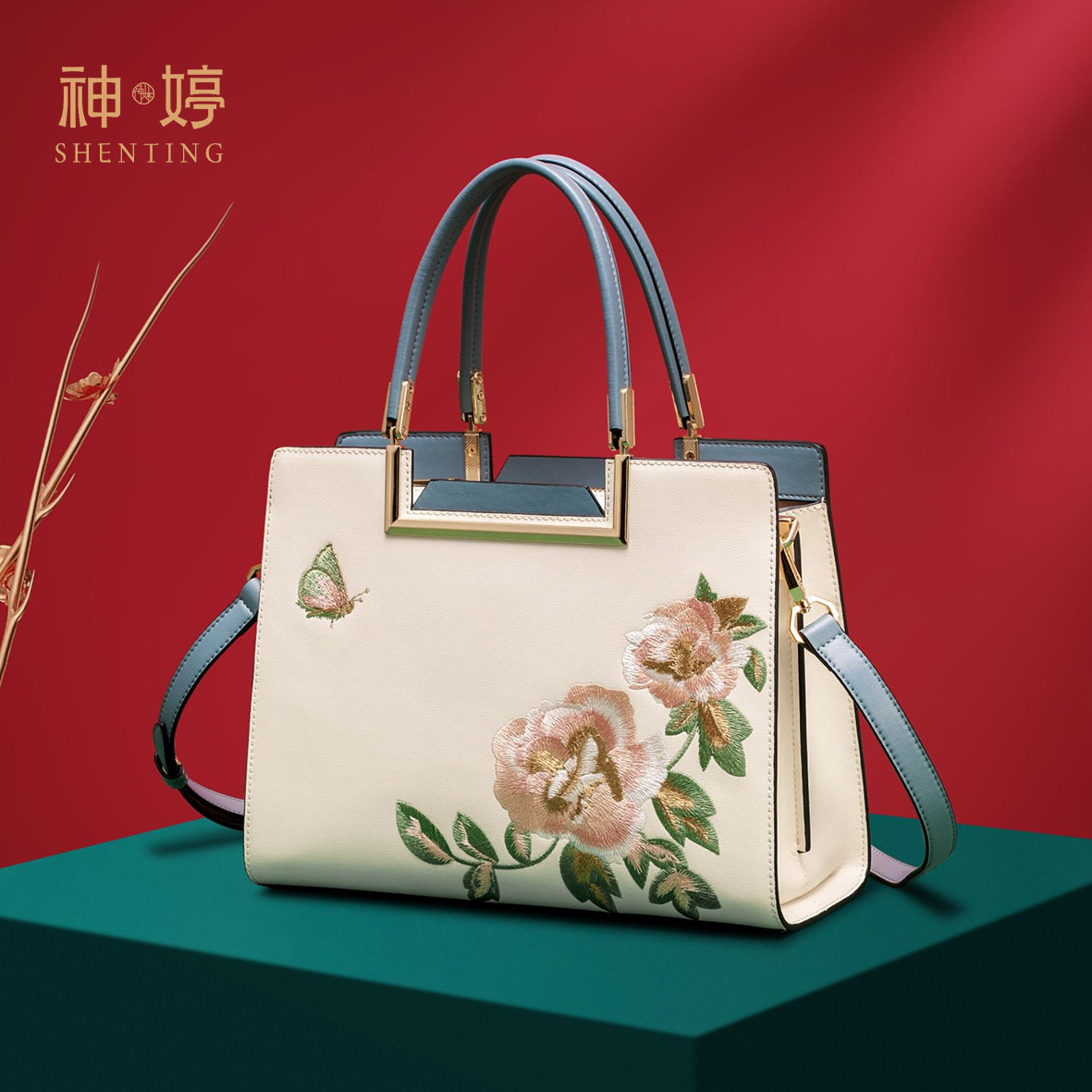 神婷包包女款真皮刺绣手提包大气国风送妈妈包中年婆婆包生日礼物