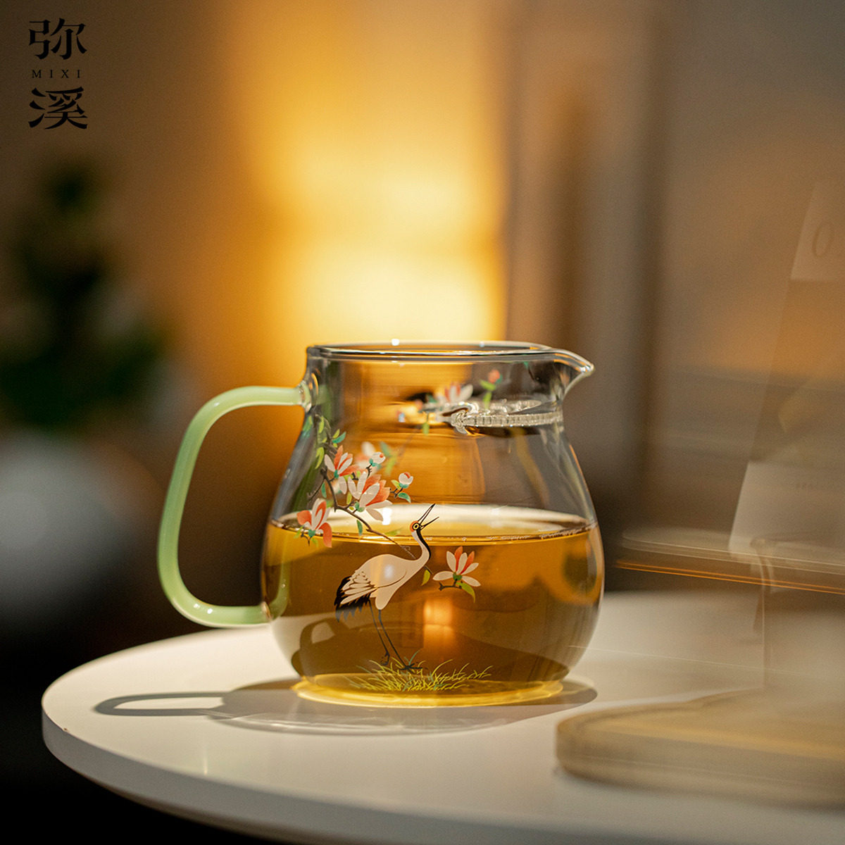 弥溪新款中式玻璃茶壶家用仙鹤贴花高颜值茶壶透明泡茶壶功夫茶具