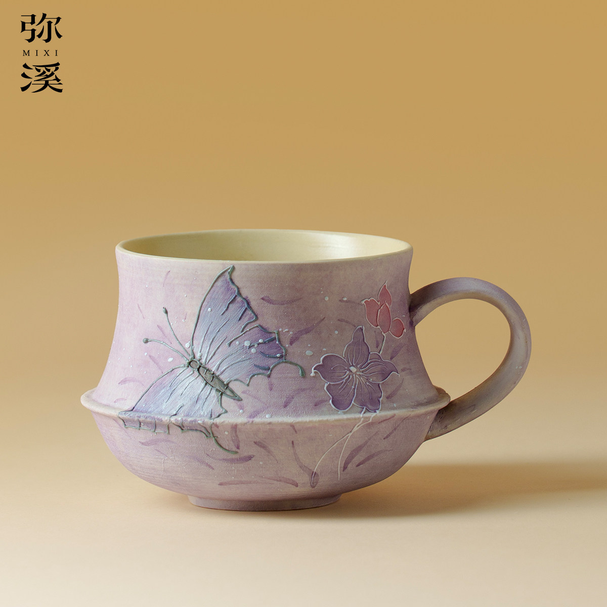 弥溪轻奢蝶舞花束咖啡杯家用高颜值陶瓷手把茶杯女士精致艺术水杯