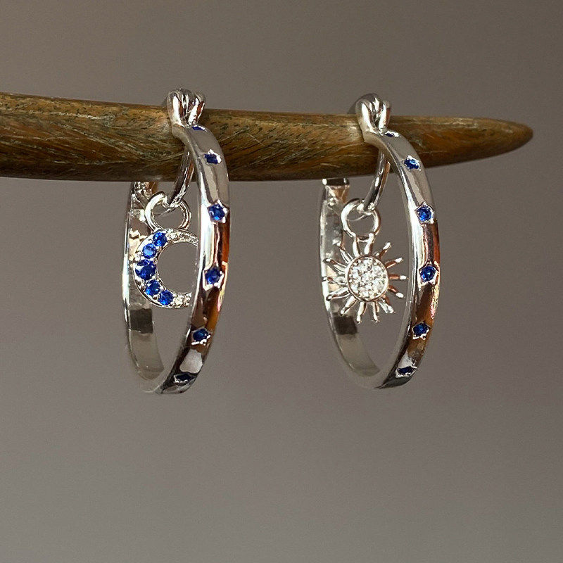 日月同辉Vintage中古仿闪钻太阳月亮耳环高级感耳饰独特漂亮耳圈