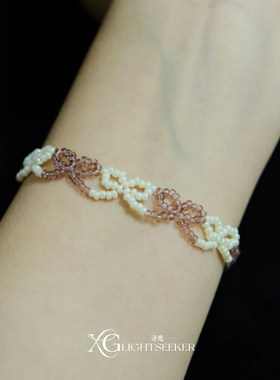 甜美粉白撞色蝴蝶结串珠手链精致