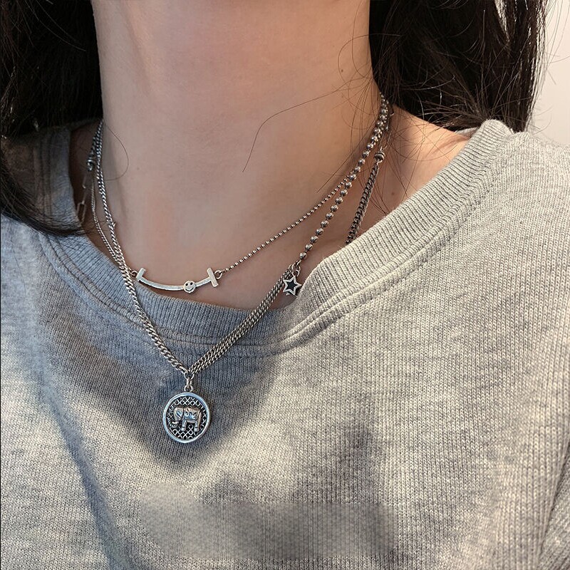 银色双层叠戴笑脸项链女朋克甜酷风时尚个性独特百搭锁骨链女配饰
