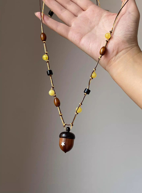 森系小清新木质松果串珠项链小众