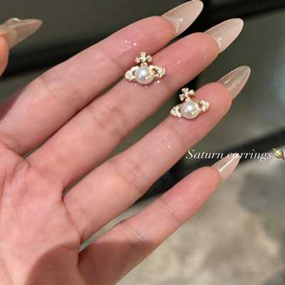 星球土星珍珠耳钉仿钻绝美高级感