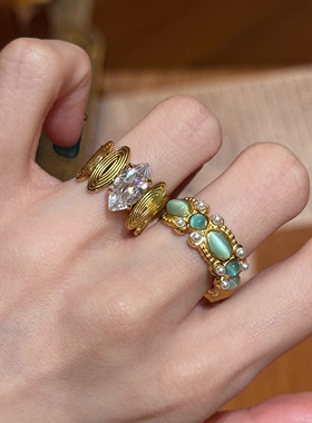 【流光猫眼+马眼齿轮】金色戒指