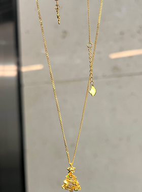 金色镂空拉丝圣诞树星星吊坠项链