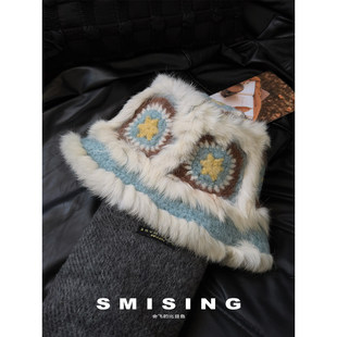 冬季 民族风复古兔毛醒狮帽显脸小氛围感保暖防寒百搭渔夫盆帽 新款