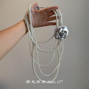 美神降临法式 毛衣链配饰 多层叠戴仿珍珠项链复古气质山茶花朵长款