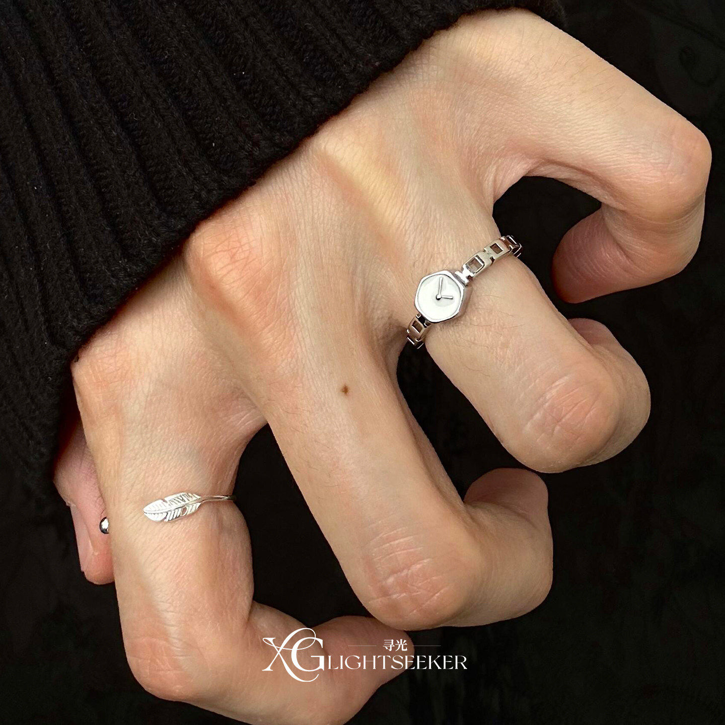 中古做旧手表羽毛开口戒指个性轻奢时尚小众百搭叠戴老钱风食指戒