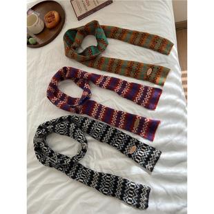 复古费尔岛提花针织细围巾小众辣妹穿搭时髦长条百搭围脖细窄护颈