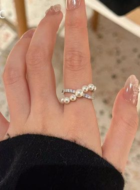 法式仿珍珠锆石交叉戒指轻奢精致