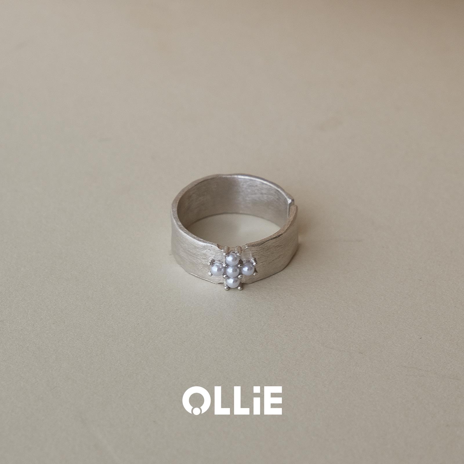 银色拉丝仿珍珠宽面戒指小众复古