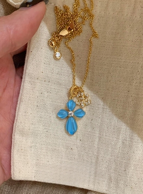 中古爆闪水蓝色十字架鸢尾花项链