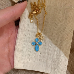 Vintage中古爆闪水蓝色十字架鸢尾花项链女高级感轻奢绝美锁骨链