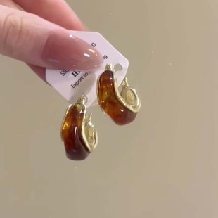 秋冬新款 美拉德琥珀色耳钉女轻奢复古高级感耳饰气质百搭港风耳环