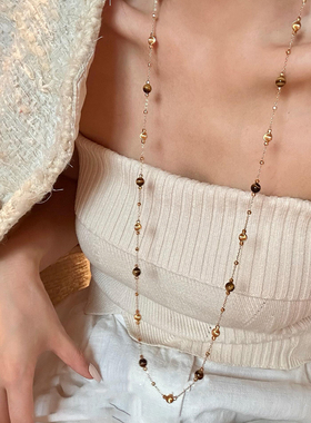 复古猫眼金珠虎眼石长款项链气质