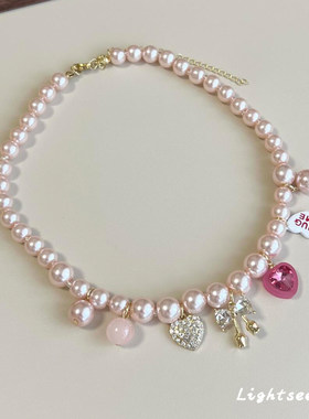 甜美粉色爱心蝴蝶结仿珍珠项链