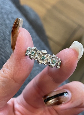 中古vintage银色花朵仿闪钻戒指