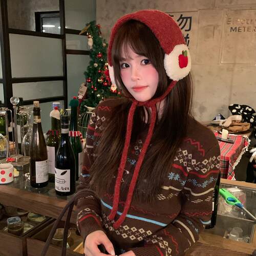 手工圣诞新年红色苹果针织耳罩冬