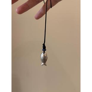 新中式 可调节编绳毛衣链 银色亮面小鱼吊坠项链简约风复古百搭长款