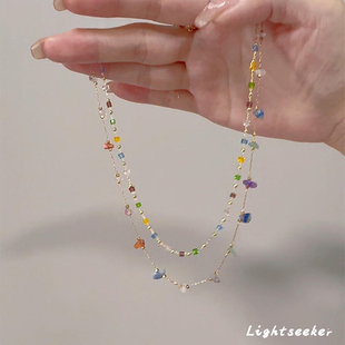 彩色不规则方块碎石项链高级感小众设计叠戴个性 独特百搭锁骨链女