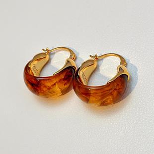 秋冬美拉德系琥珀耳环欧美小众设计感耳扣港风复古高级感气质耳饰