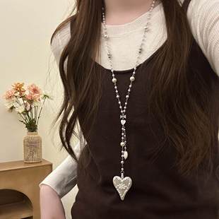 Vintage中古爱心浮雕仿珍珠项链高级感复古宫廷风小众长款 毛衣链