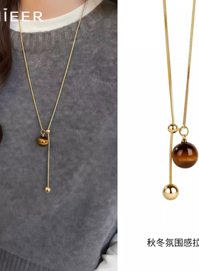 秋冬美拉德虎眼石金色项链老钱风