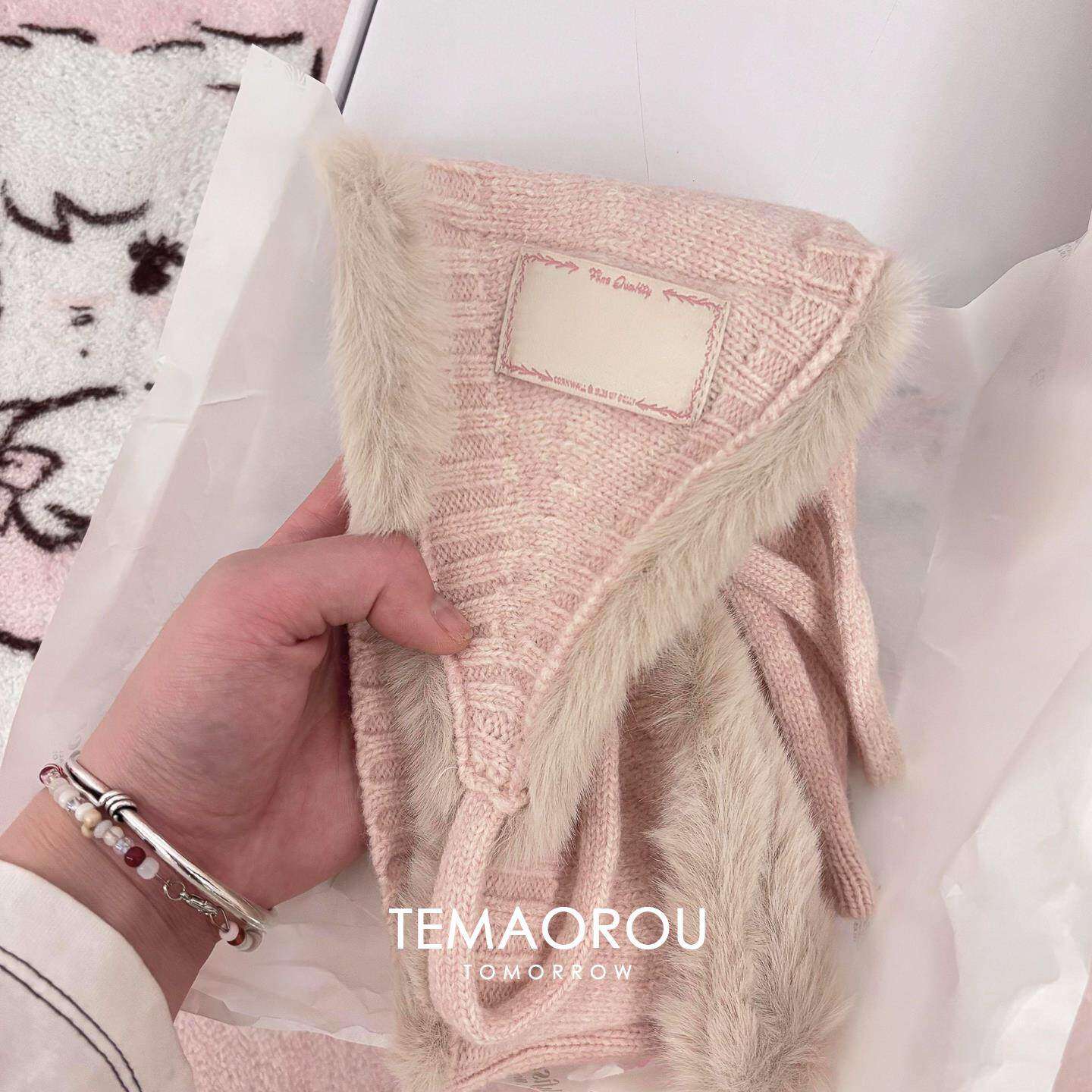 韩国软糯糯低饱和粉色针织耳罩系带氛围感保暖防寒毛绒耳套耳捂子