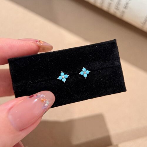 新中式mini绿松石四叶耳钉养耳洞