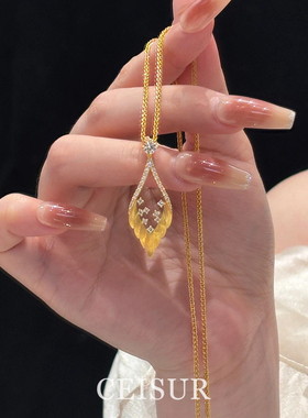 金色拉丝羽毛仿钻项链轻奢高级感