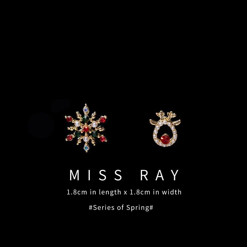 圣诞节麋鹿雪花彩色仿钻耳钉时尚