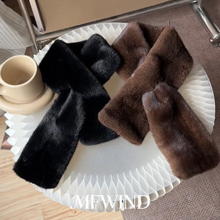 富家千金感 保暖毛绒交叉围脖奢华精致毛领 高品质水貂毛围巾冬季