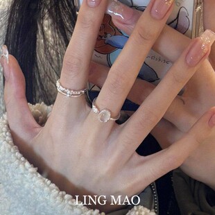 清冷感冰透仿玉髓戒指轻奢高级感小众设计感简约双层叠戴食指戒女