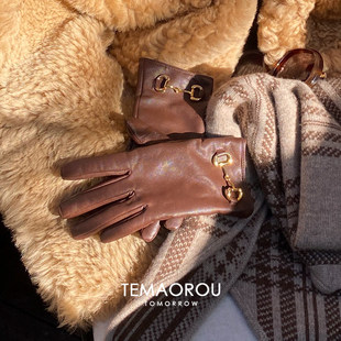 老钱风 金属扣皮质手套冬天骑行秋冬保暖分指高质感手套 复古时尚