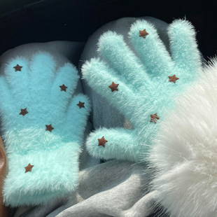 薄荷蓝色星星毛绒绒针织手套冬季 高级感加厚保暖触屏防寒五指骑车