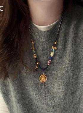 新中式仿南红玛瑙福牌编绳项链女