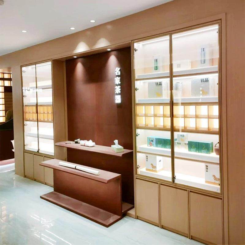 实木烟酒茶展示柜小格子带灯墙柜陈列柜收藏品展示台一体式壁柜