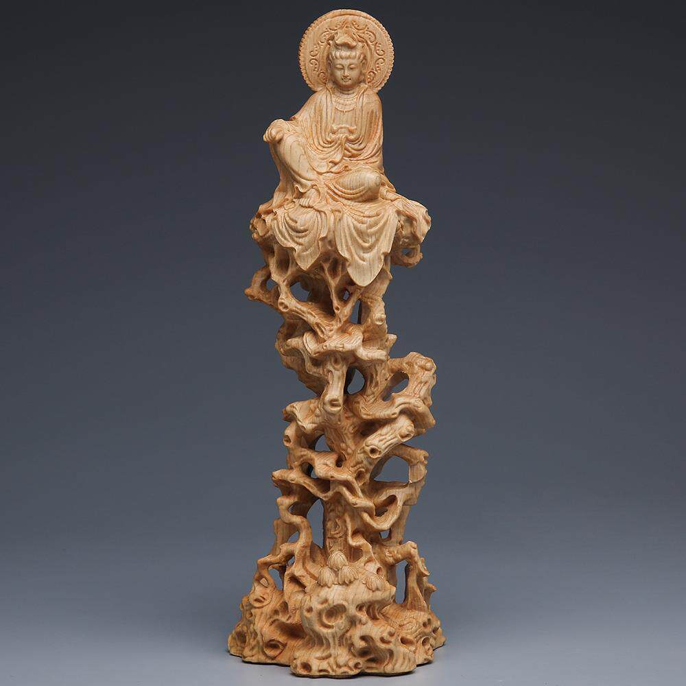 崖柏坐树藤观音佛像摆件 木质工艺品客厅实木雕刻自在观音菩萨