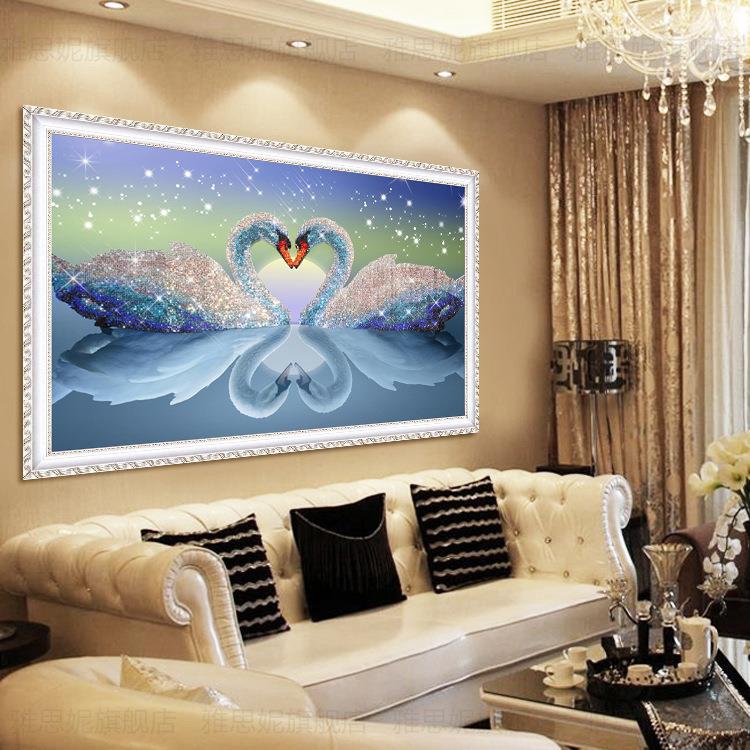 贴钻十字绣现代客厅卧室2020新款结婚情侣钻石画满钻心心相印天鹅