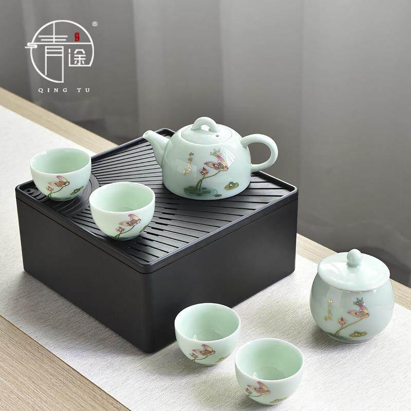 文创陶瓷浮雕旅行茶具一壶四杯茶叶罐配茶盘便携酒店茶具套盒礼品