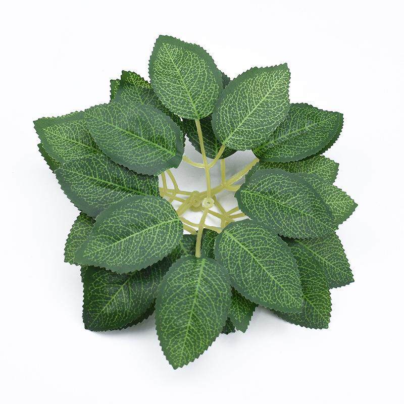 仿真丝印玫瑰花叶 两叉6片绿叶 丝网绢花配饰叶片 DIY插花配材