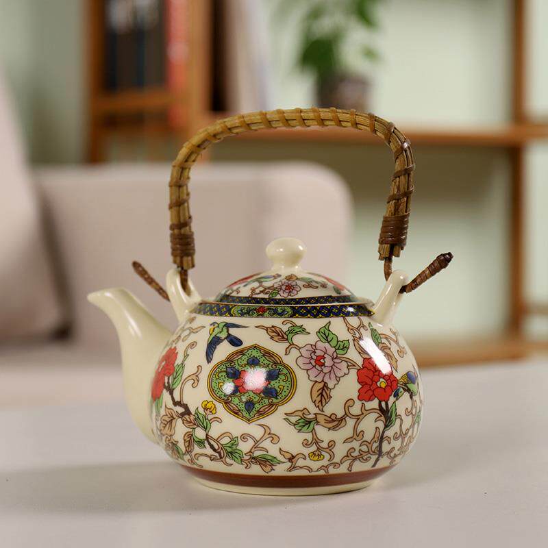 A5L提梁壶陶瓷茶壶复古青花瓷小茶壶500ml带滤网泡茶壶餐厅茶壶家