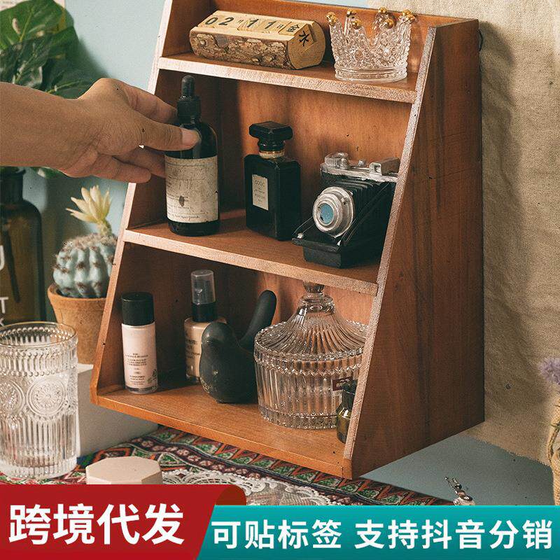日式实木复古收纳架 桌面三层置物架 化妆品收纳柜多层可挂储物盒