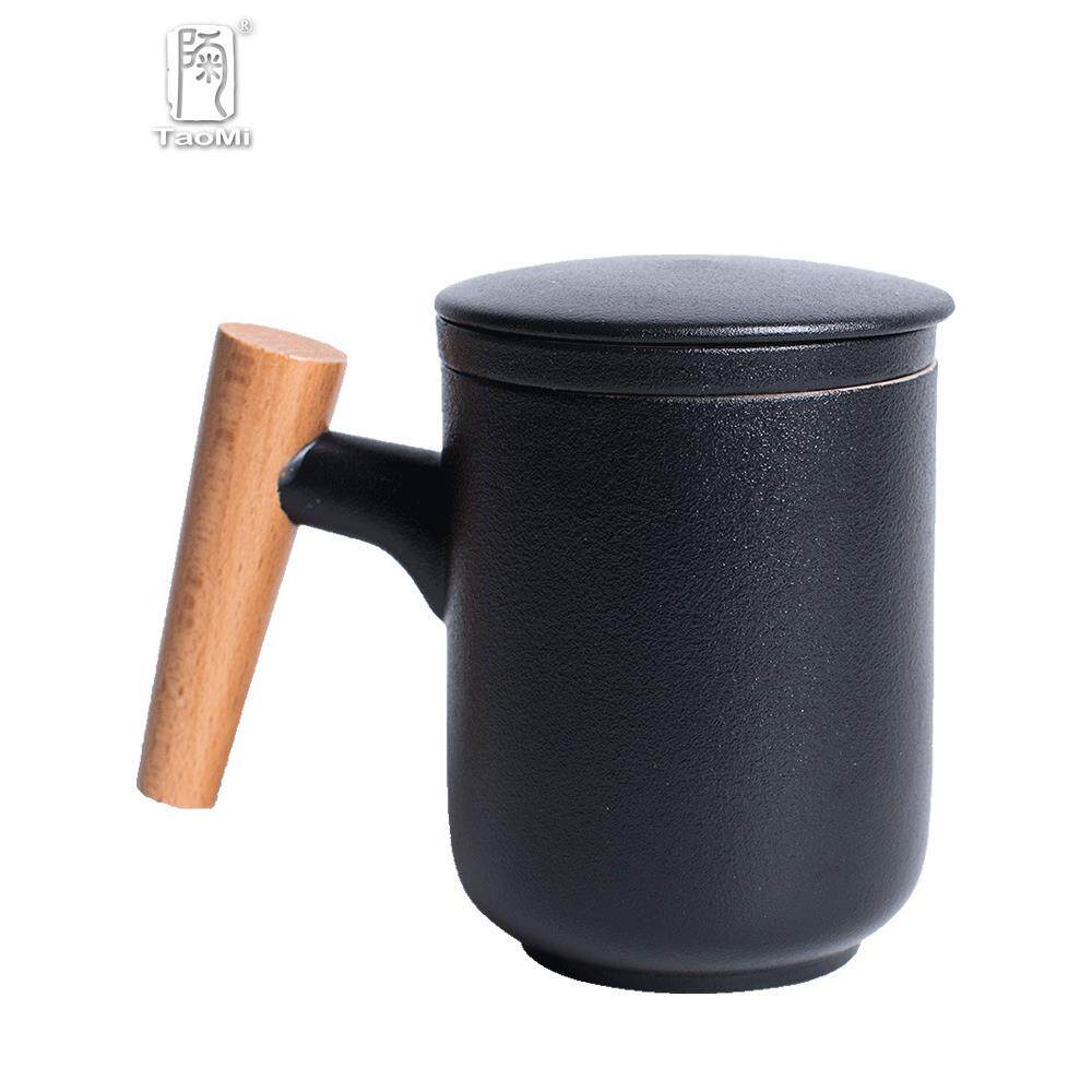 木柄马克杯带盖勺陶瓷过滤办公杯咖啡杯大茶杯北欧水杯制可刻字