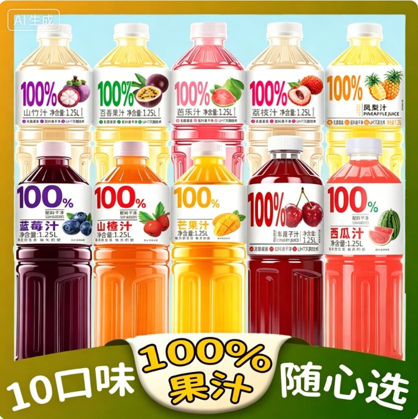 【多口味可选】鲜榨纯果汁芒果桃汁葡萄汁山楂哈密瓜1.25L*2大瓶