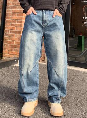 美式复古小弯刀牛仔裤男秋冬2025新款宽松设计感cleanfit阔腿裤子