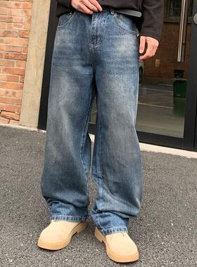 巴黎风同款水洗牛仔长裤男秋季韩版港风时尚宽松做旧阔腿直筒裤
