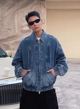 巴黎潮牌美式复古解构拼接重工牛仔外套男宽松翻领夹克长袖上衣潮